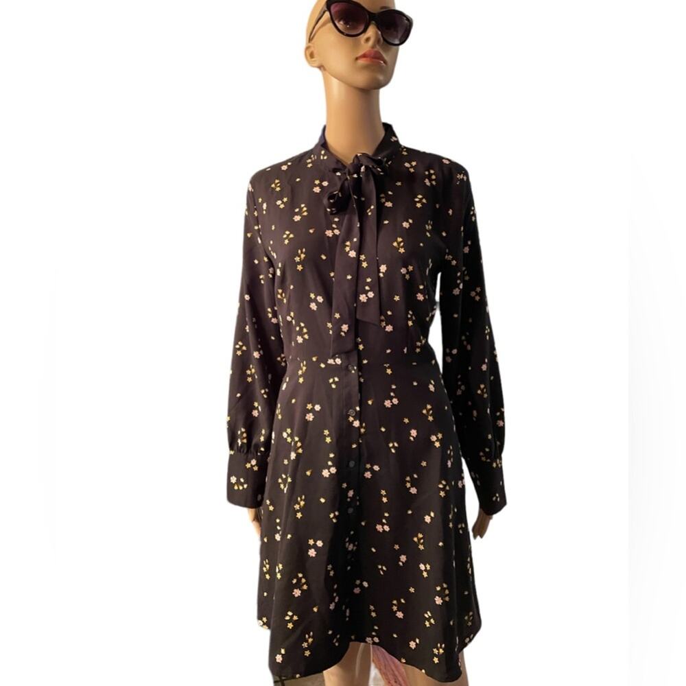 Loft Midi Dress 4 Casual Modest Boho Floral Tie Neck A-Line Cuffed Long Sleeves
